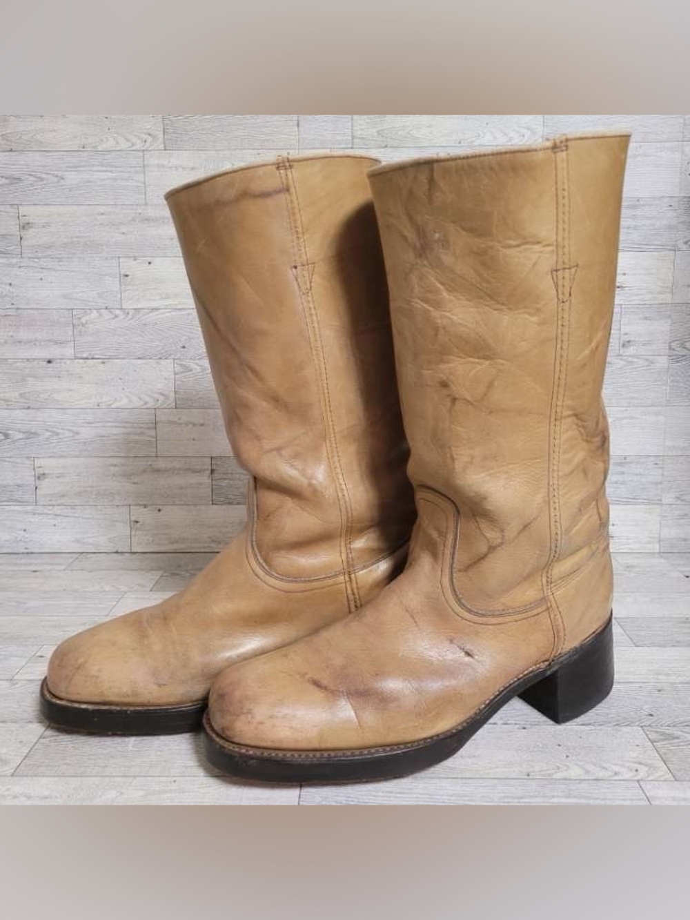 Men's Vintage ACME Tan Brown Leather Cowboy Campus Boots Size 11.5 USA Made